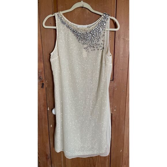 Elijah Cream Crystal and sequin embellished Sleeveless Silk shift Dress NWT - Picture 1 of 12